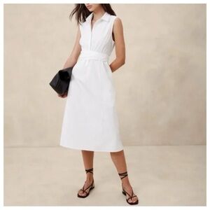 Banana Republic White Poplin Cotton Midi Dress Size Small Button Front Belted